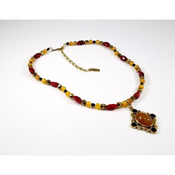 Vintage 1928 Necklace Red Gold Beaded Pendant Quartz Cabochon Black Crystals - Picture 3 of 10